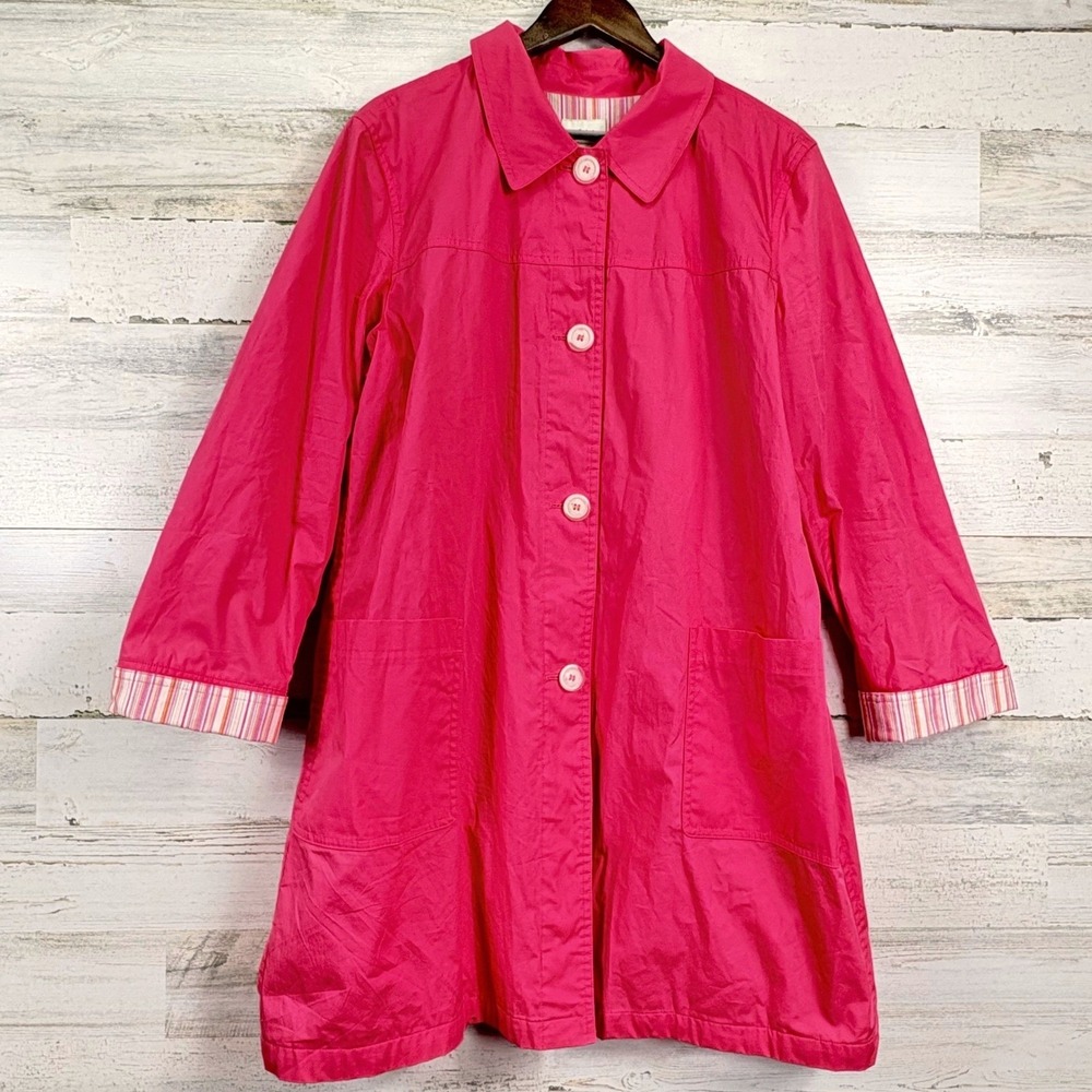 J Jill XL Pink Cotton Button Front Lined Relaxed Contrast Cuff Rain Coat Jacket